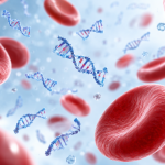Illustration conceptuelle de fragments d’ADN libre circulant parmi des globules rouges.