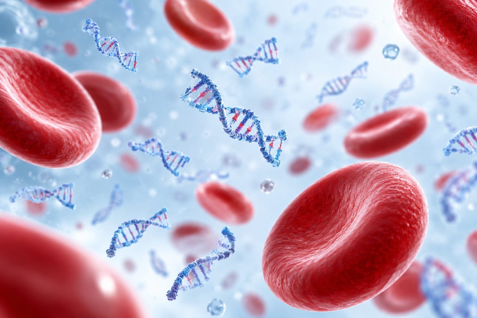 Illustration conceptuelle de fragments d’ADN libre circulant parmi des globules rouges.