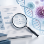 Illustration conceptuelle de recommandations cliniques, d’ADN et de cellules en oncologie.