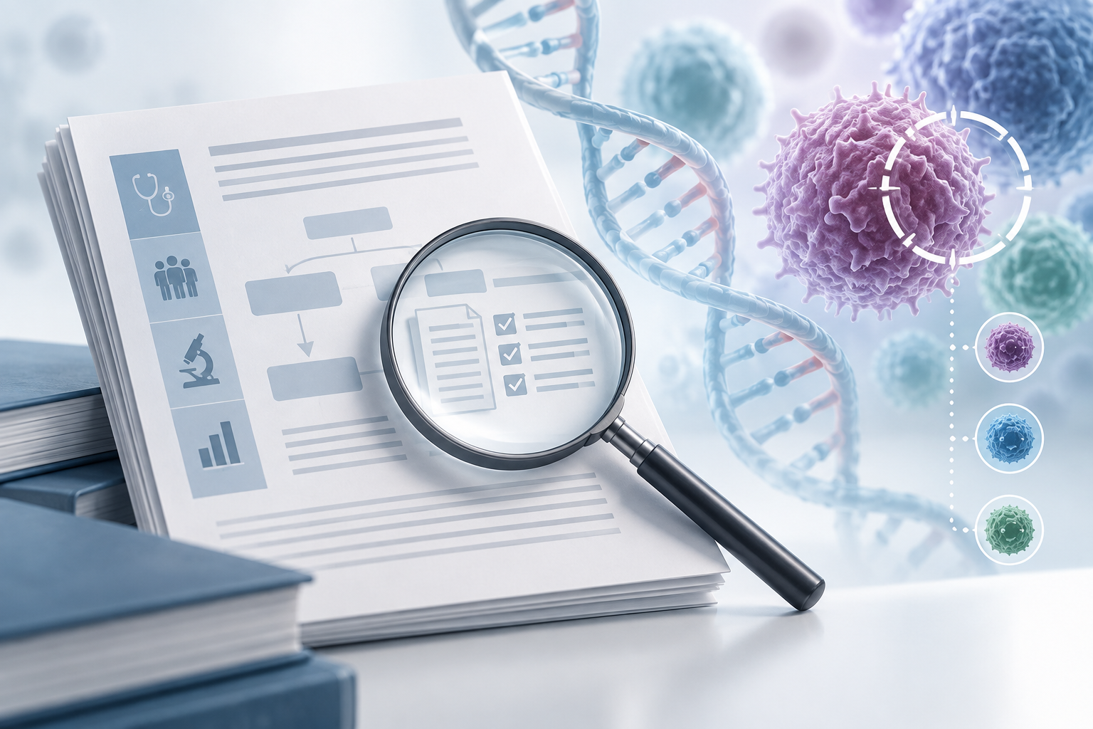 Illustration conceptuelle de recommandations cliniques, d’ADN et de cellules en oncologie.